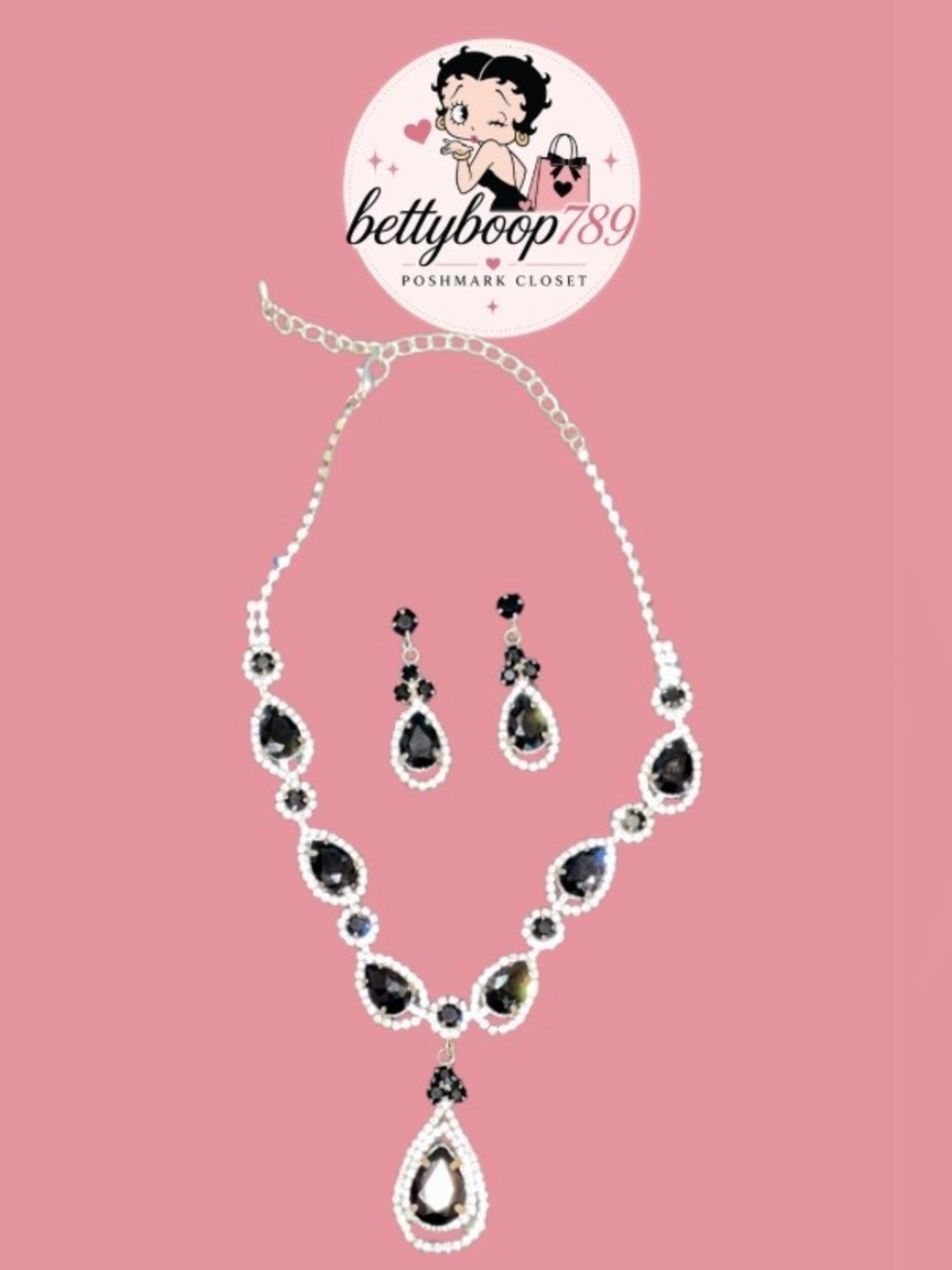 Elegant Black Teardrop Crystal Necklace and Earrings Set